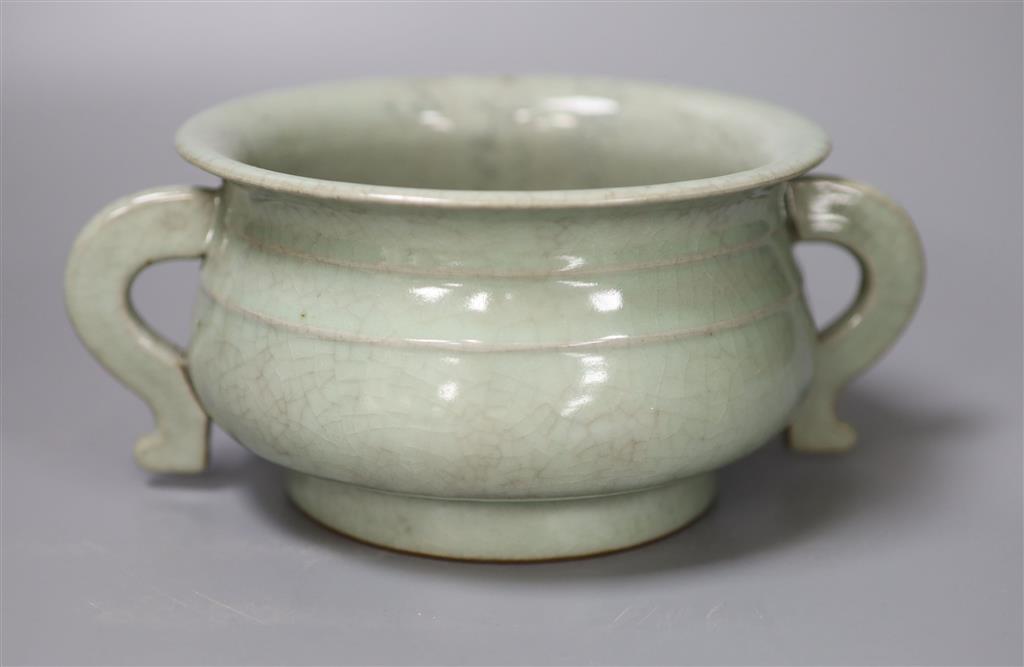 A Chinese Guan type crackleware censer, 22cm diameter including handles